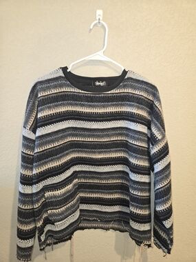 LCALE Striped Knit Crewneck Sweater - Black & Gray